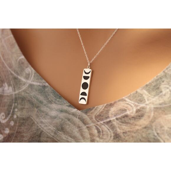 Sterling Silver Moon Phase Pendant Necklace With Black Wood - Picture 2 of 3